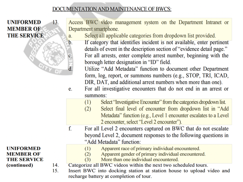 A portion of the NYPD Patrol Guide detailing the requirements for logging Body-Worn Camera Footage for Level 1 and 2 encounters, including using a dropdown list to record the apparent race and gender of the person or people stopped