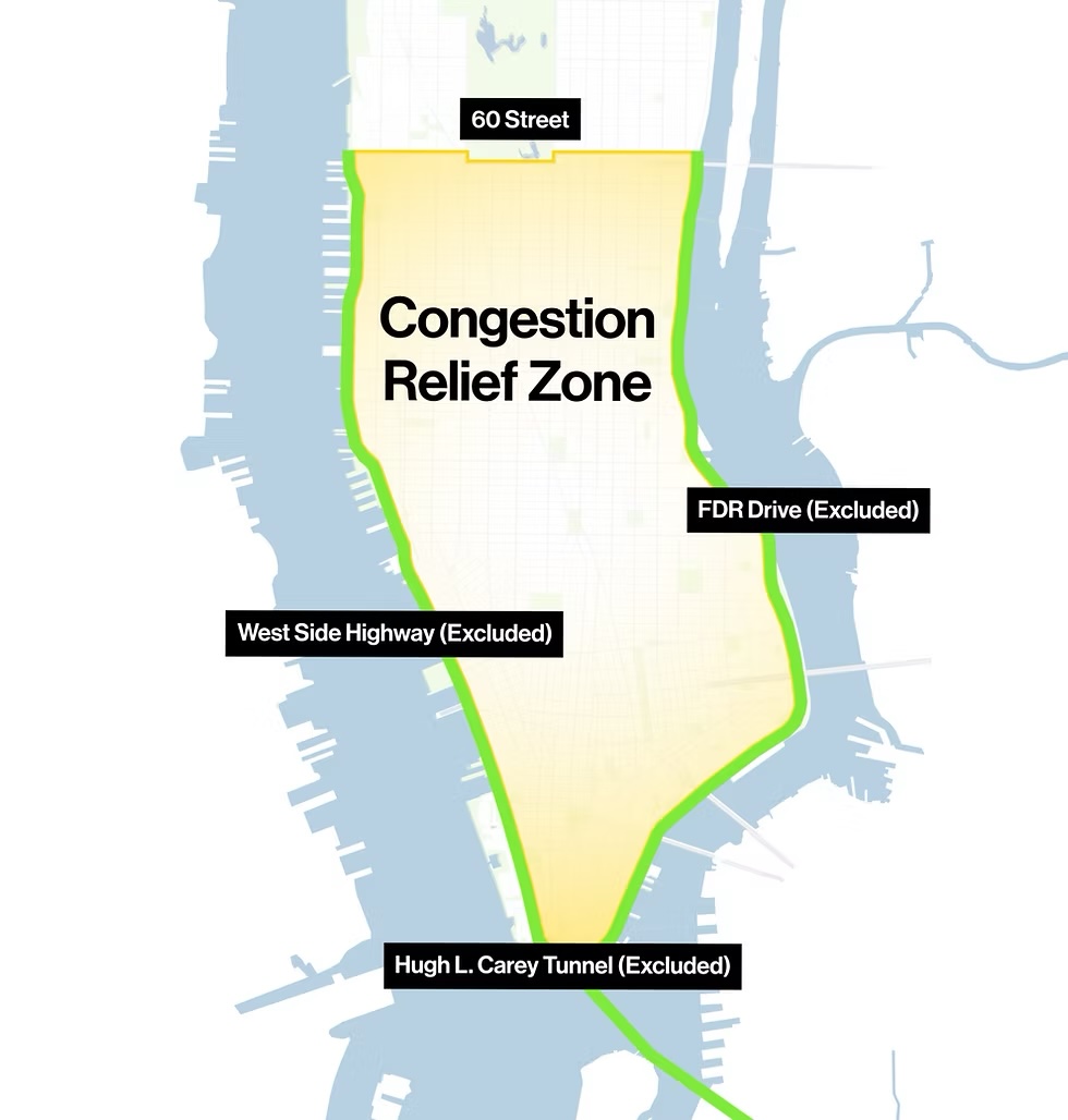 Map of Manhattan with the Congestion Relief Zone outlined in gold, from 60th Street to Lower Manhattan. Excluded routes are shown in green: the West Side Highway, FDR Drive, and the Hugh L. Carey Tunnel.