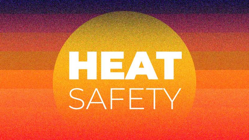 graphic with radiating red, orange, and purple lines, with a sun at the center and text: Heat Safety.