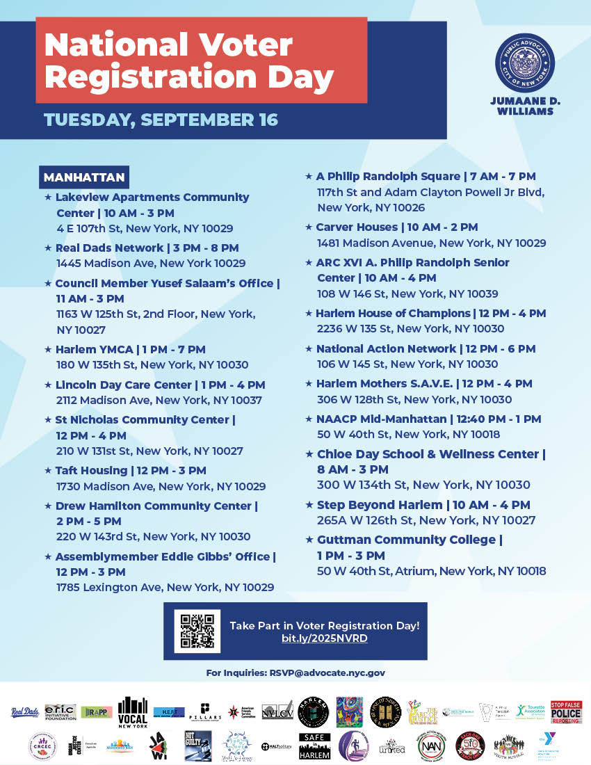 Flyer with National Voter Registration Day 2025 locations for Manhattan. Full text available below. 